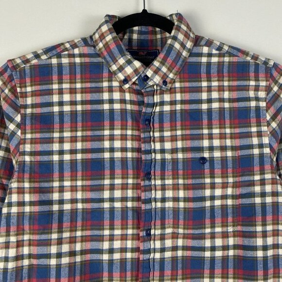 Vineyard Vines Slim Longshore Flannel Shirt Mens Medium Blue Red Plaid Button Up - Picture 2 of 9